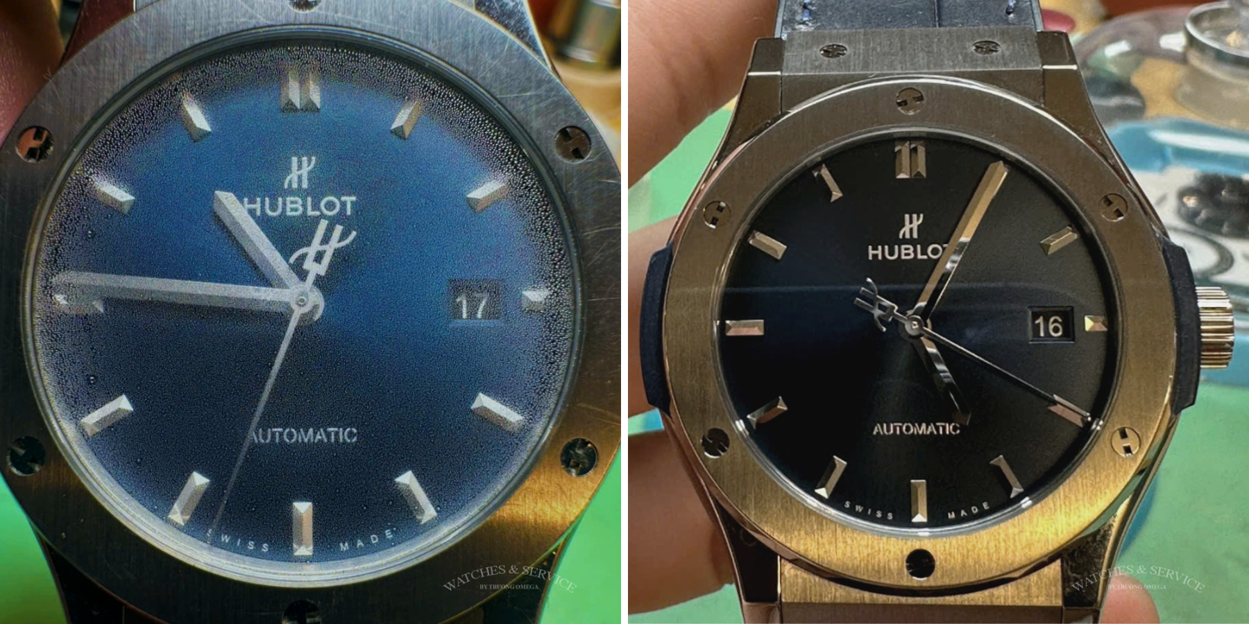 Đồng hồ Hublot vào nước – hình ảnh trước và sau khi sửa chữa tại Watches & Service Luxury